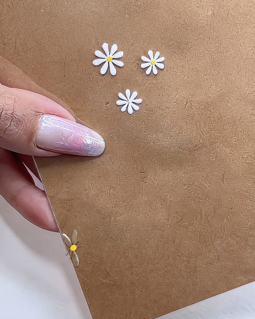 Ein Nageldesign mit mehreren fertigen weißen Gänseblümchen mit leuchtend gelben Zentren, die mit einem Dotting-Tool erstellt wurden.