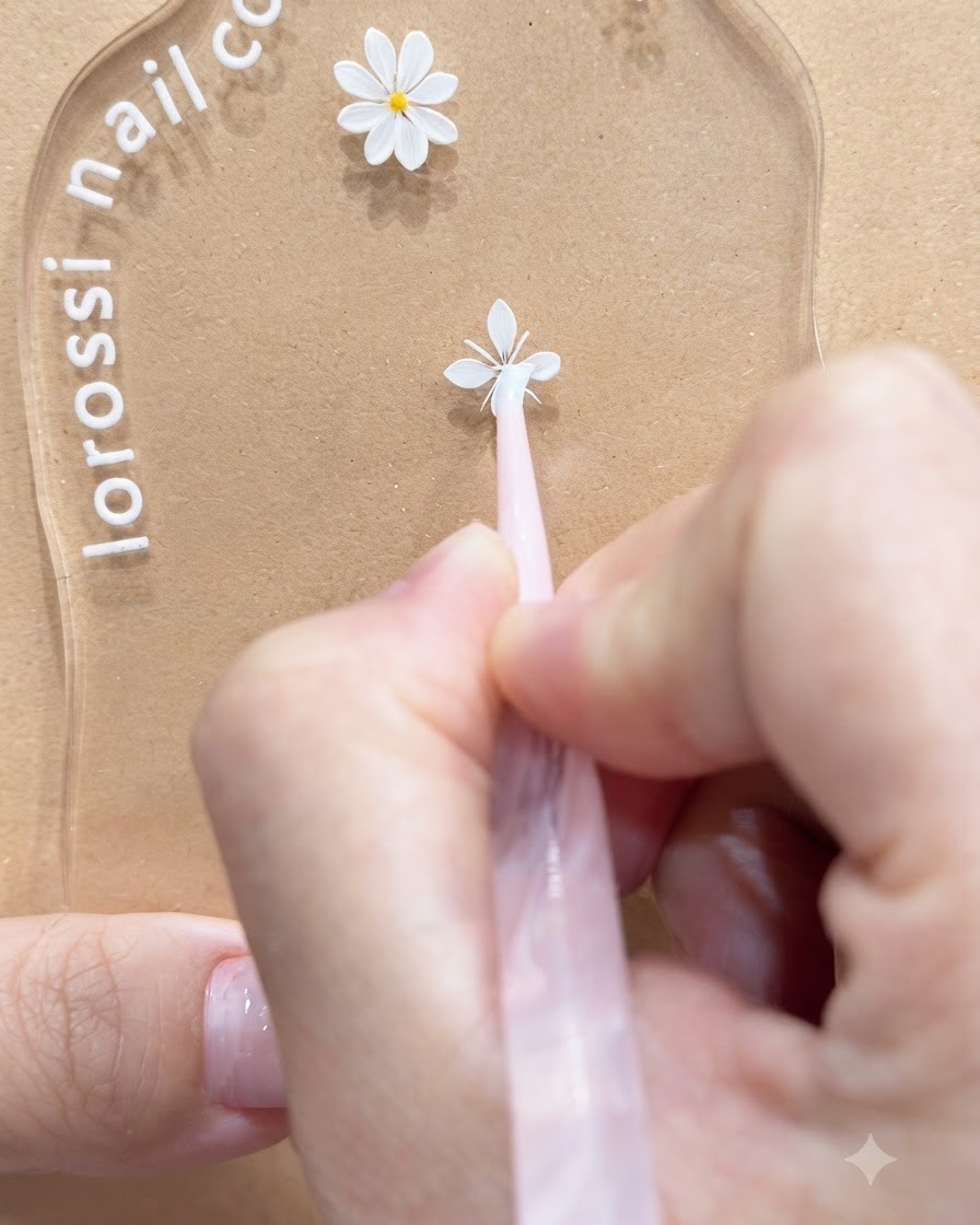 Una vista ravvicinata di uno strumento che leviga i bordi dei petali di margherita bianca su una tavolozza trasparente per nail art.