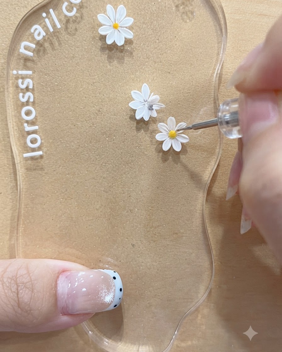 Uno strumento che applica un punto centrale giallo sul secondo motivo di margherita bianca su una tavolozza acrilica per nail art.