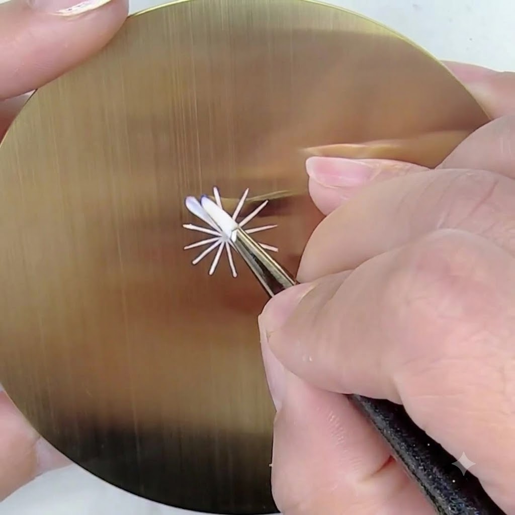Un pennello sottile che dipinge un petalo bianco usando una tecnica di pressione e sollevamento su un foglio di pratica dorato.