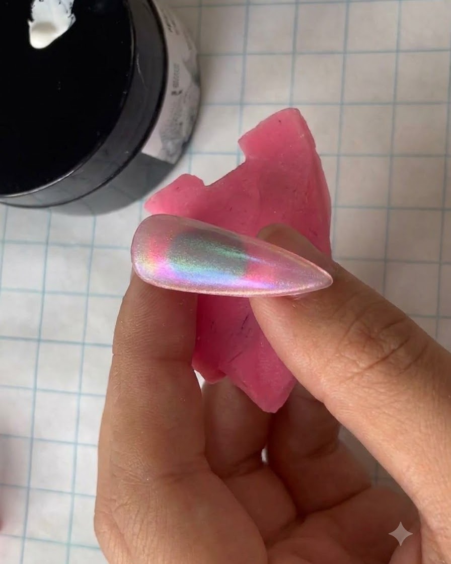 Un primo piano di un pennello sottile per nail art che preleva gel bianco dal bordo di un contenitore nero.