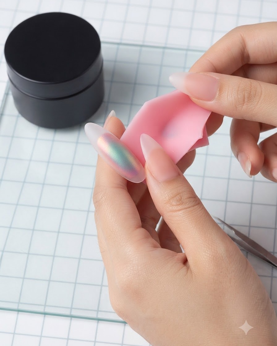 Un pennello da unghie che stende un top coat opaco su un modello di unghia con finitura aurora iridescente.