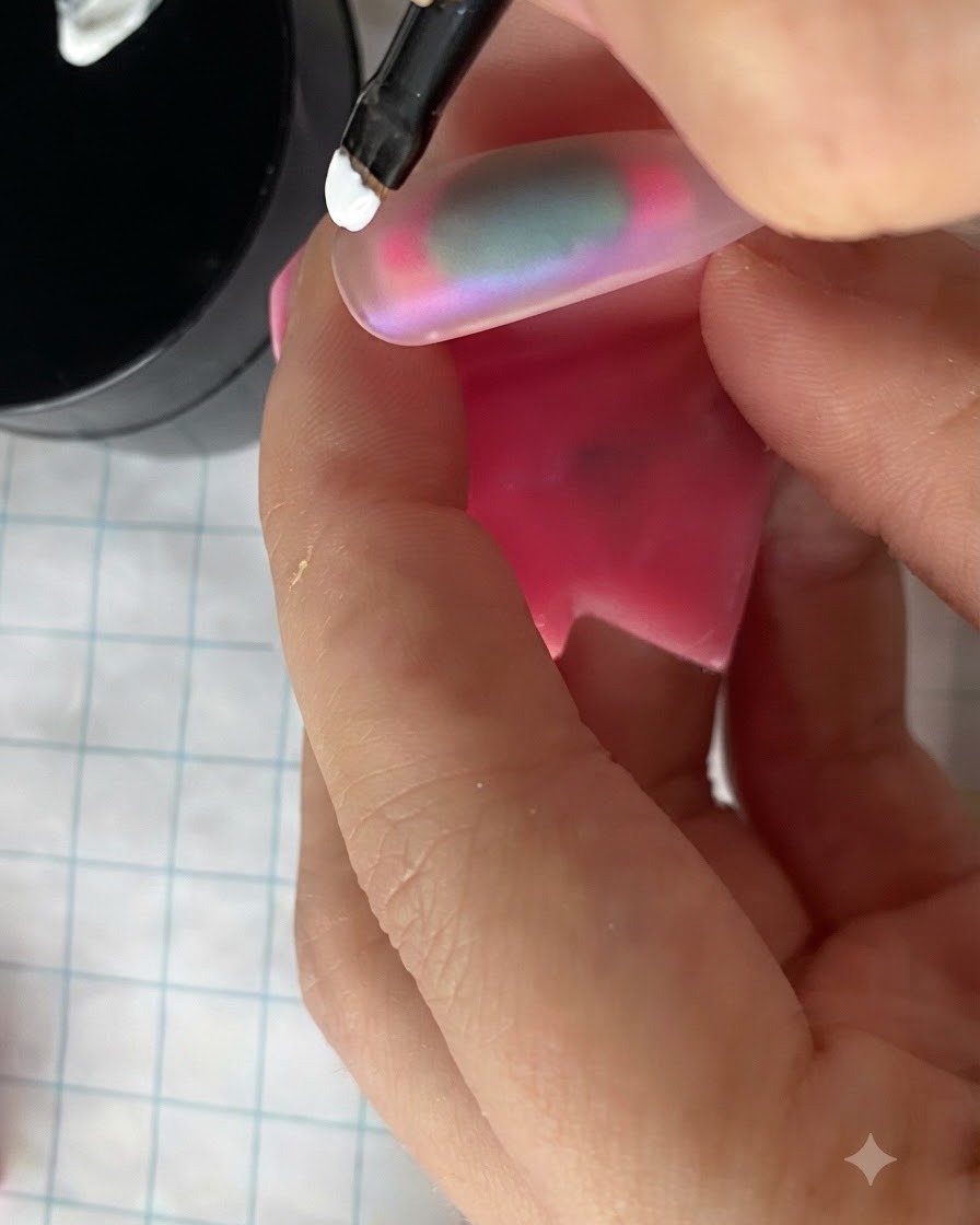 Una mano che tiene un supporto rosa per unghie con una tip rivestita posizionata allinterno di una lampada di polimerizzazione.