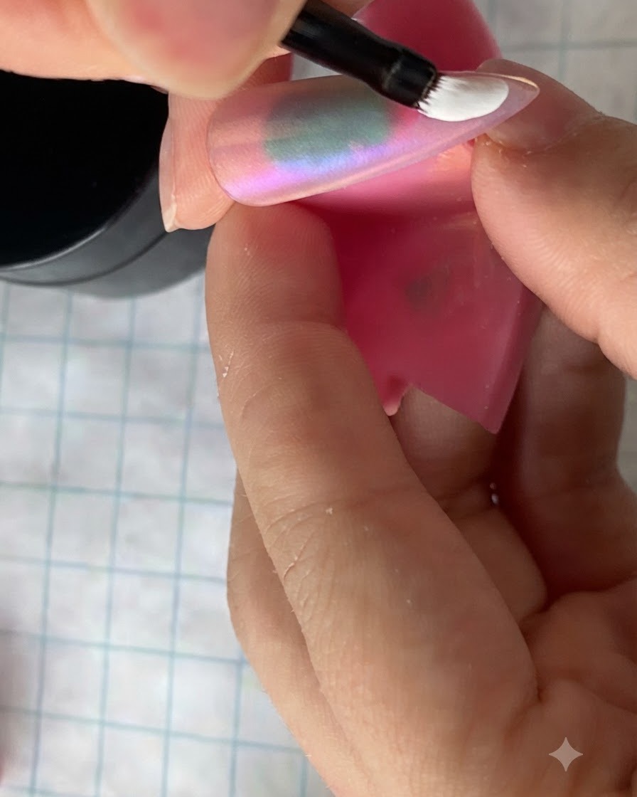 Un pennello sottile che posiziona una singola pennellata di gel bianco per formare il petalo di una margherita su una superficie opaca dellunghia.