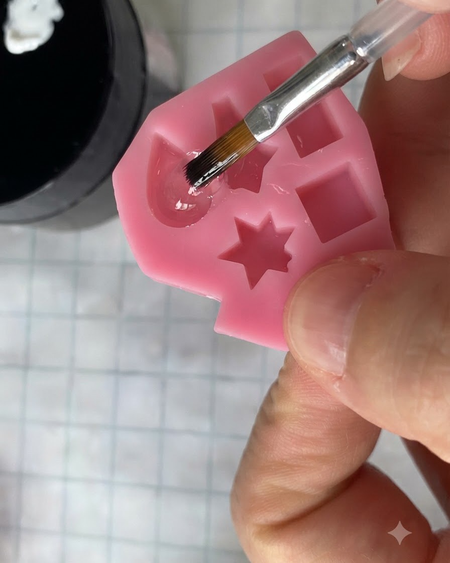 Un pennello sottile che si intinge in un flacone per applicare il top coat opaco su una base modellata.