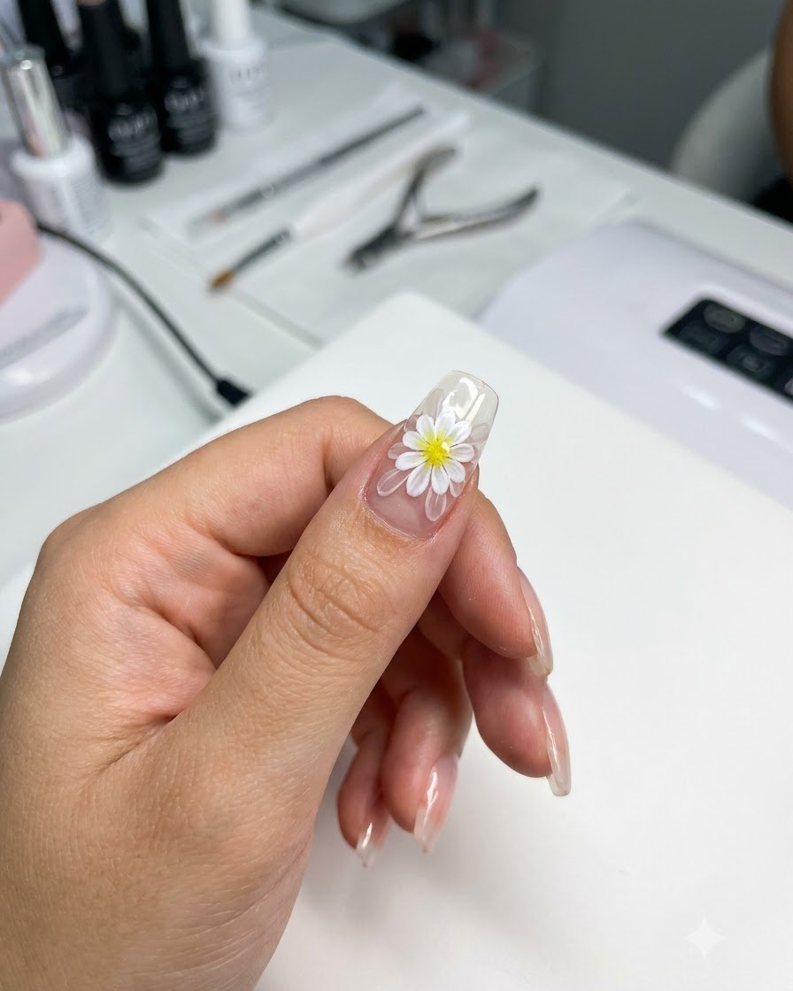 Un pennello da unghie che distribuisce il colore rosa traslucido sul design delle margherite a doppio strato.