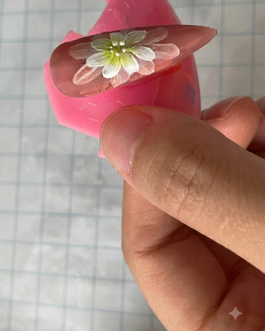 Un pennello che applica un top coat opaco sul design finito delle margherite a doppio strato.