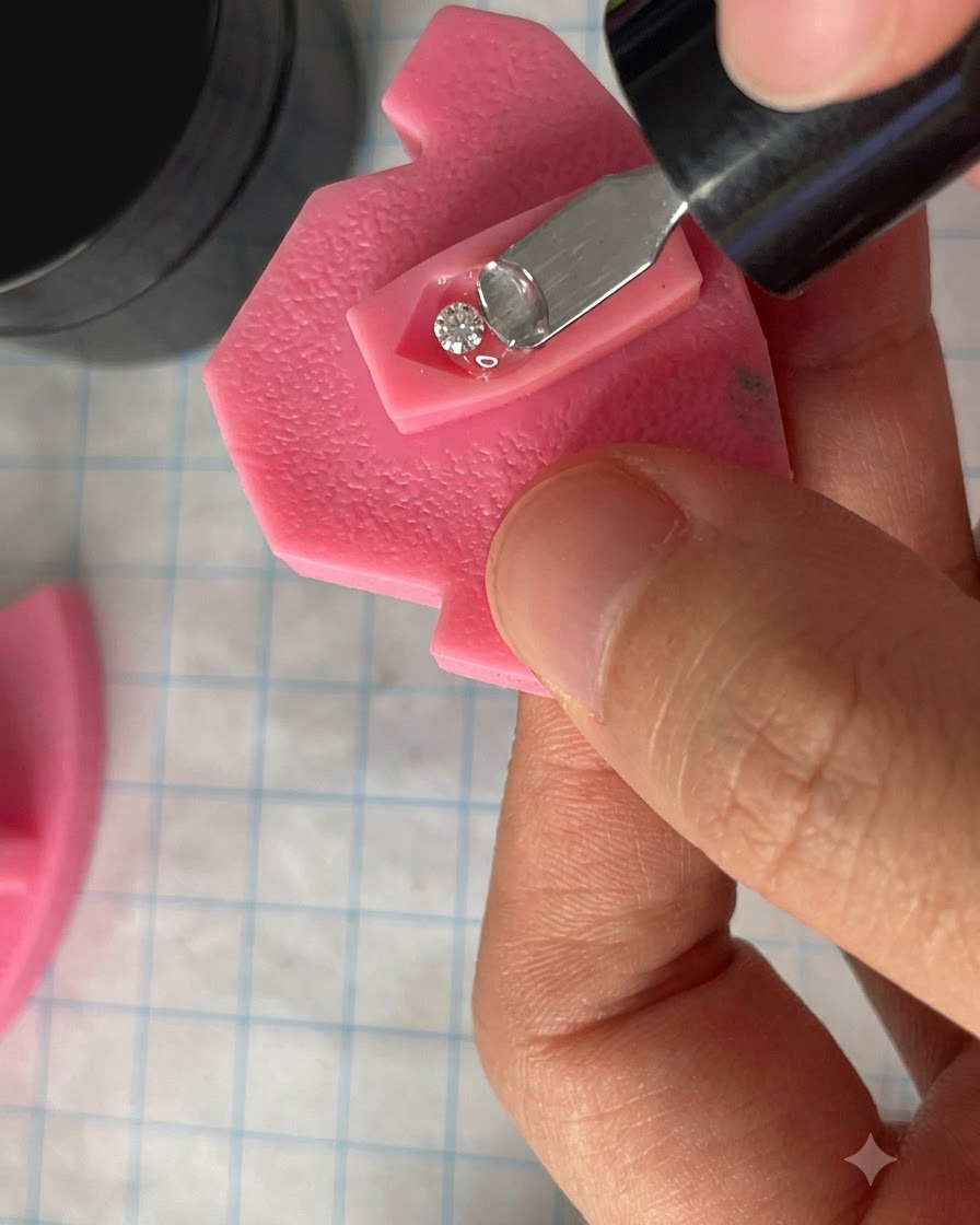 Una mano che posiziona un modello di unghia rosa sotto una lampada UV per la polimerizzazione.