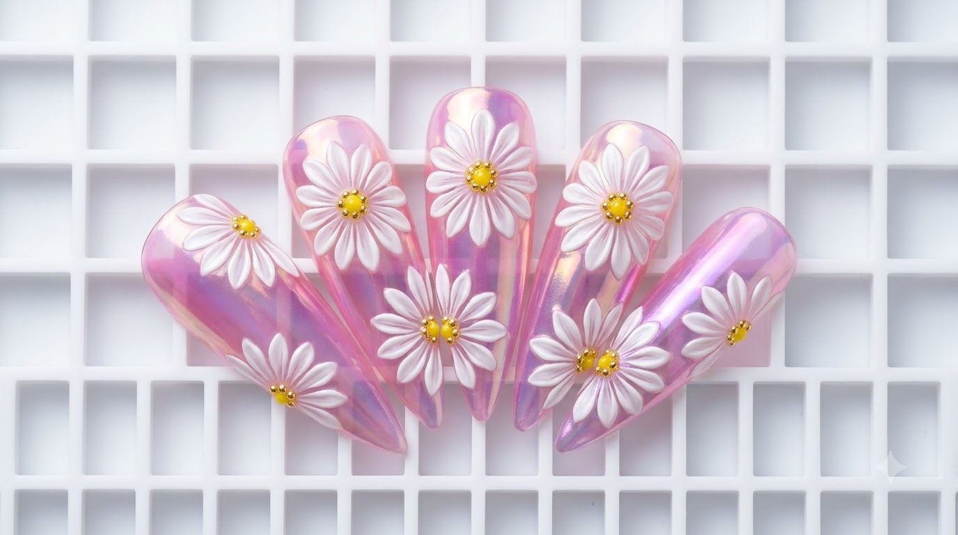 Unghie con Decorazione Floreale di Margherite a Doppio Strato ed Effetti Aurora e Cromati — Tutorial Passo dopo Passo