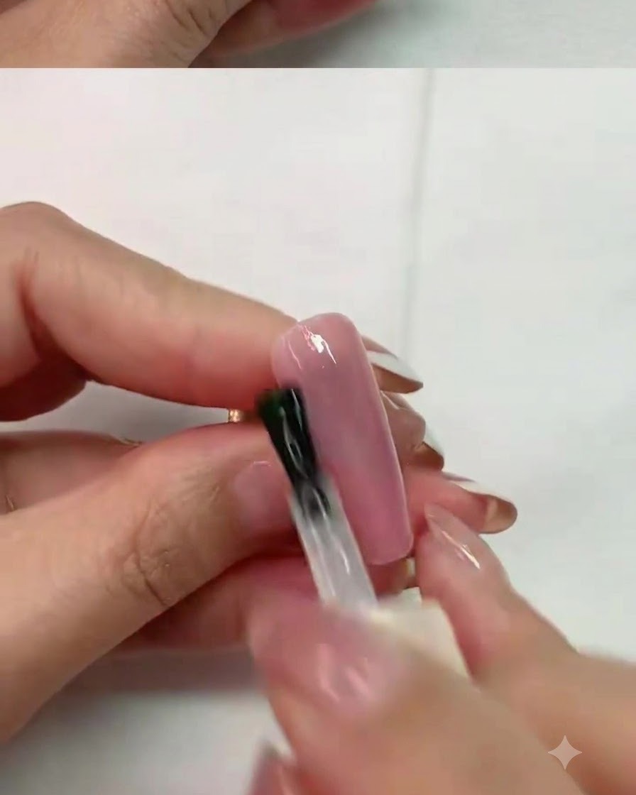 Applicazione di polimerizzazione con un pennello per unghie su ununghia rosa sotto una lampada UV professionale.