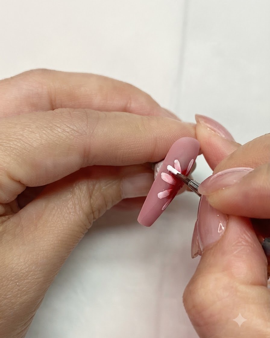 Una mano che usa un pennello liner fine per dipingere un petalo bianco che si sovrappone al centro rosso diffuso su ununghia.