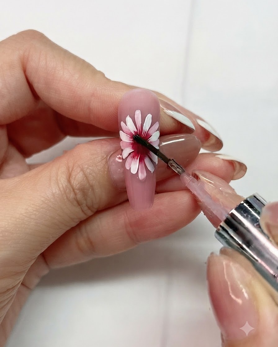 Uno scatto dettagliato di un pennello che applica il liquido blooming al centro del design del fiore di margherita.