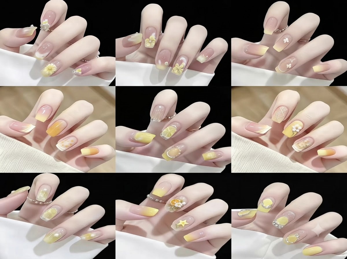 Una griglia che mostra nove diversi stili di design di nail art floreale e sfumata in giallo su tips per unghie artificiali.