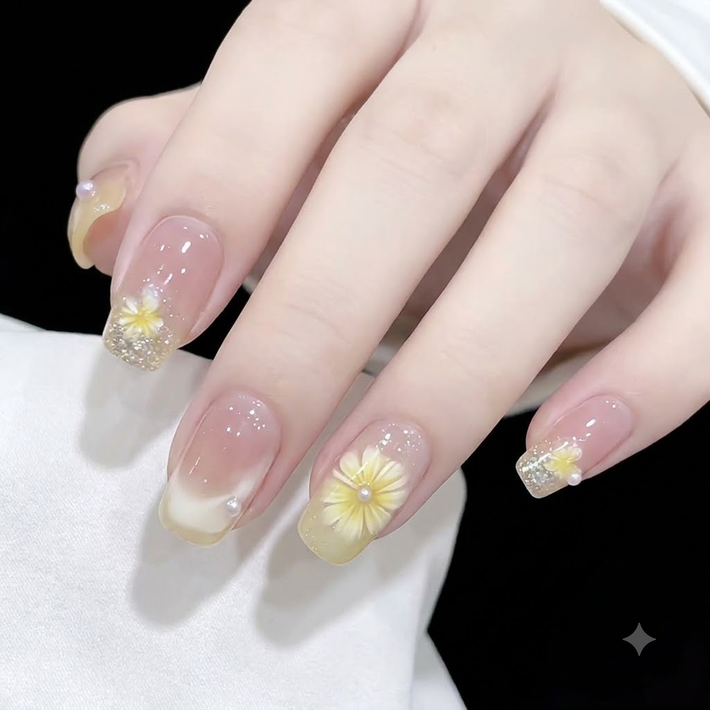 Primo piano di una mano che mostra unghie con base jelly trasparente decorate con fiori di margherita gialla 3D e perle daccento.