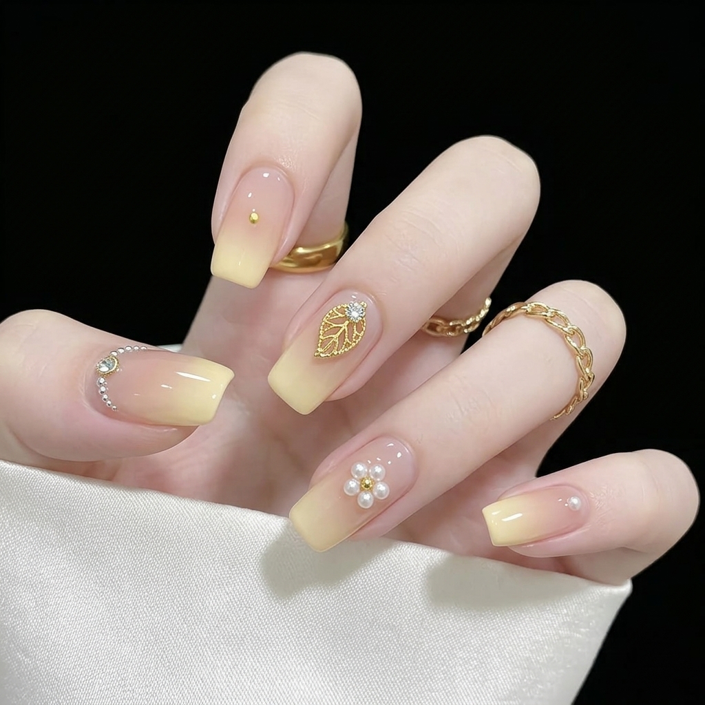 Primo piano dettagliato di unghie con sfumatura ombre giallo tenue decorate con delicati accenti di margherite bianche e polvere di glitter fine.