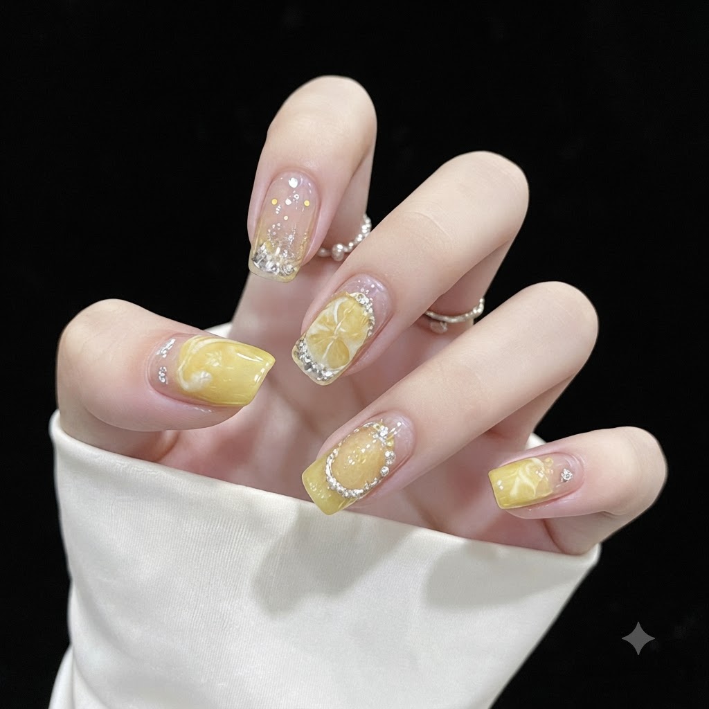 Primo piano di unghie monocolore giallo vivo accentuate da una cornice in strass argentati e polvere di glitter scintillante.
