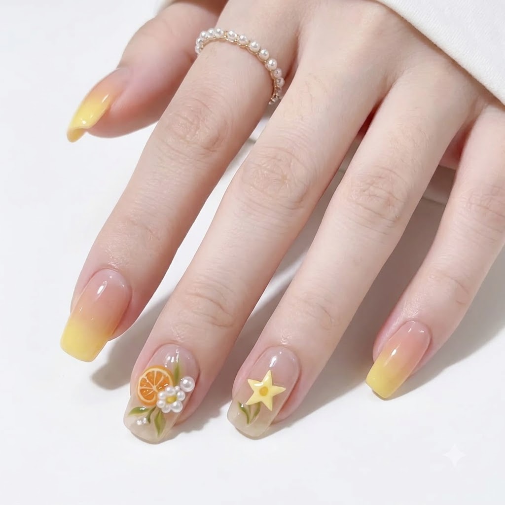 Primo piano di una mano con unghie di forma quadrata caratterizzate da basi jelly giallo traslucido decorate con un charm a fettina darancia 3D e abbellimenti con fiori bianchi.