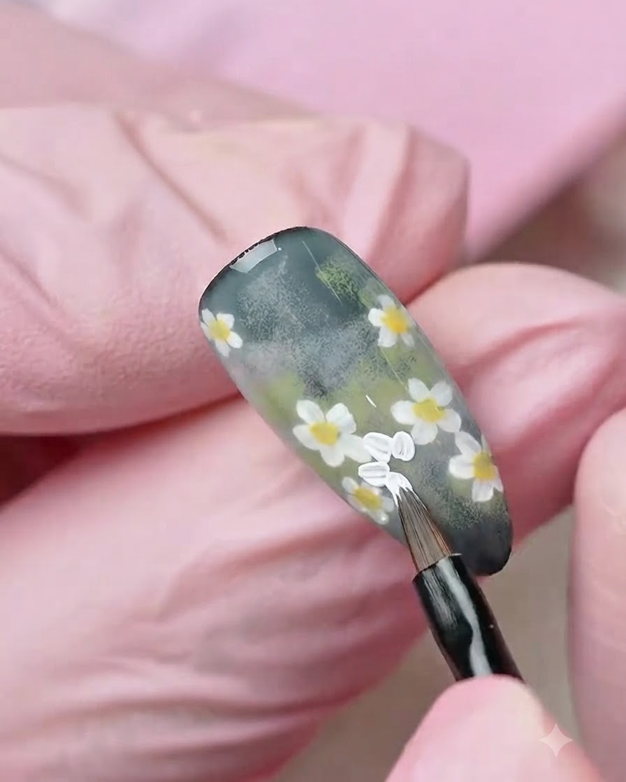 Primo piano di una mano con guanto che utilizza un pennello fine per dipingere petali di fiori bianchi su una superficie dunghia verde strutturata.