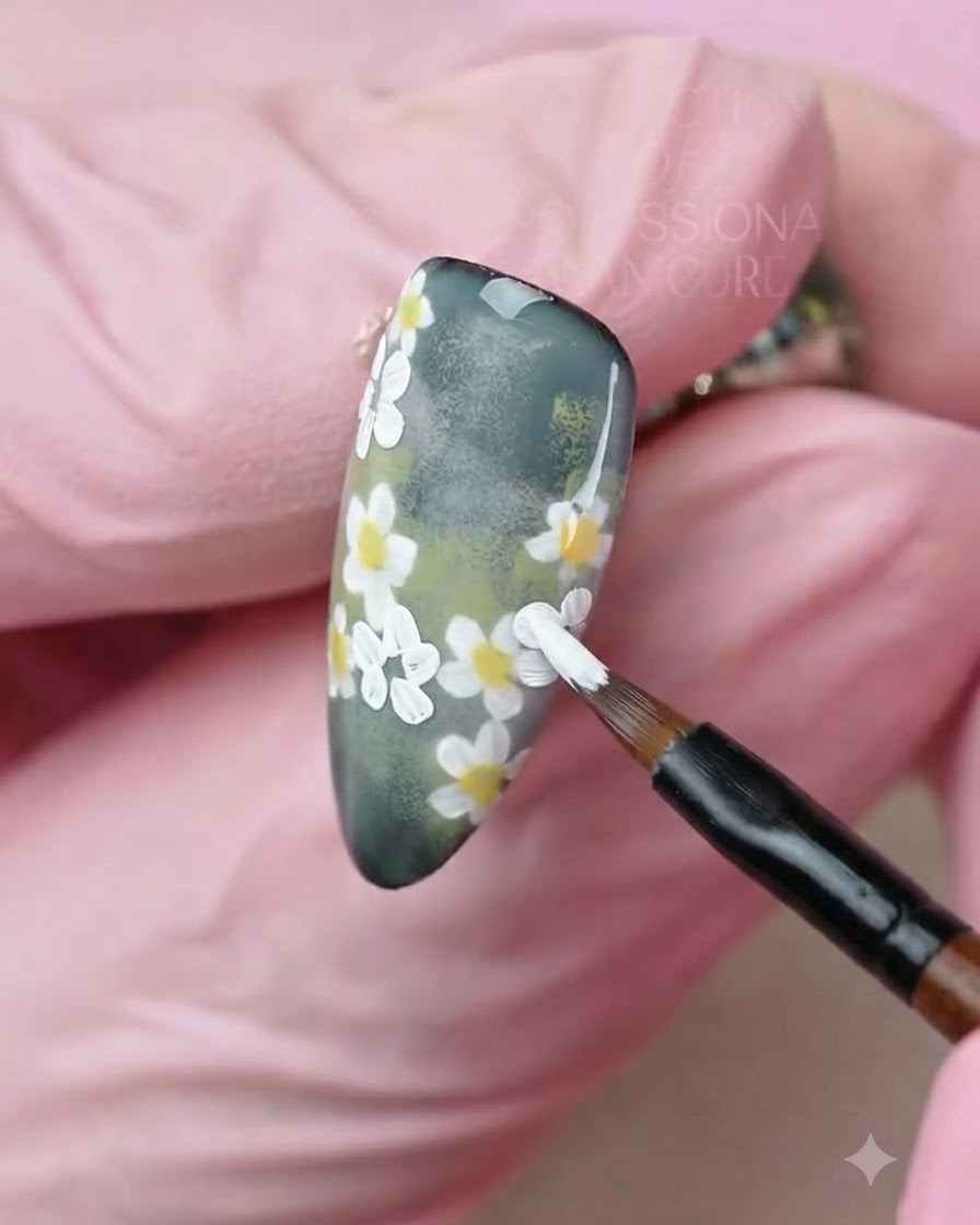 Un pennello di precisione che applica con attenzione punti di giallo brillante al centro di fiori di margherita dipinti di bianco su ununghia.