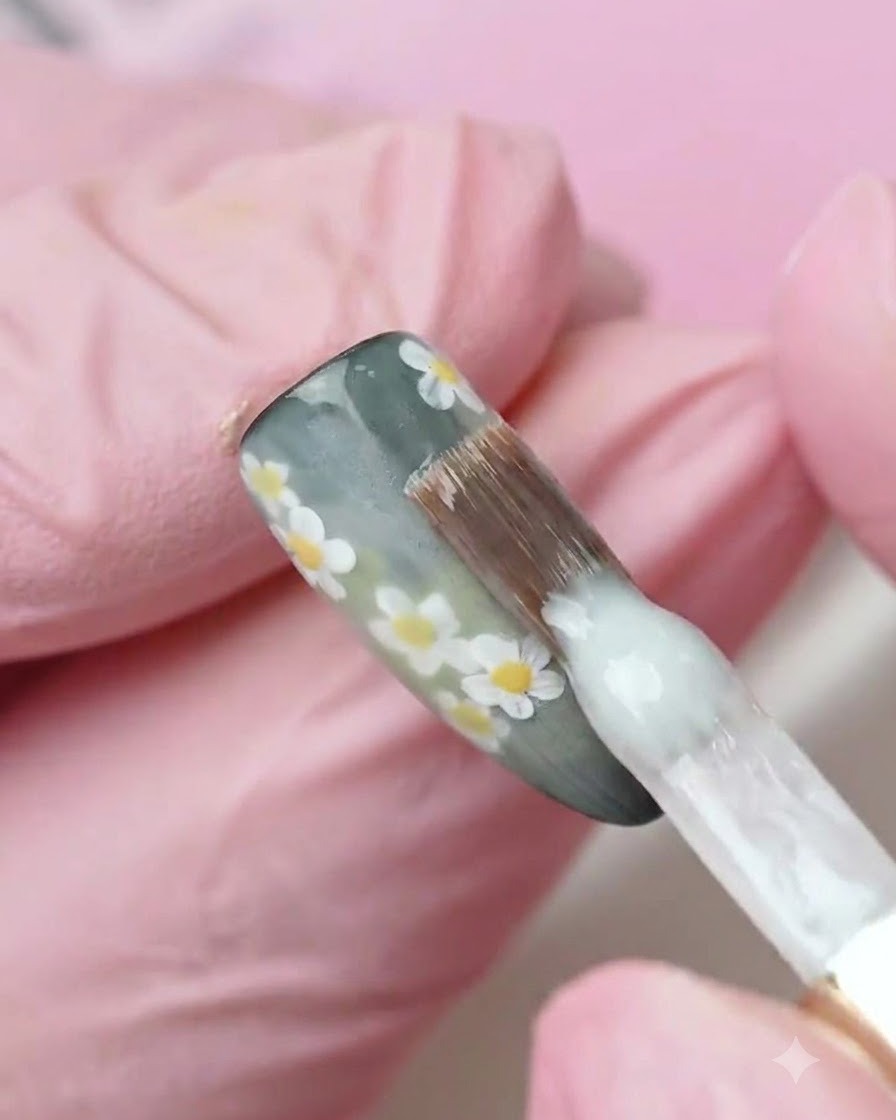 Un pennello che applica uno strato di smalto in gel bianco lattiginoso su una superficie dunghia decorata.