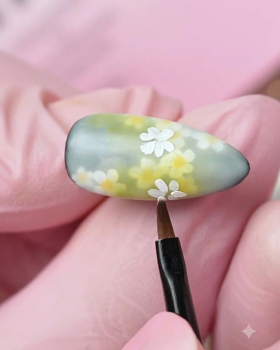 Un pennello fine che aggiunge i dettagli finali dei petali bianchi a un fiore di margherita su ununghia multicolore.