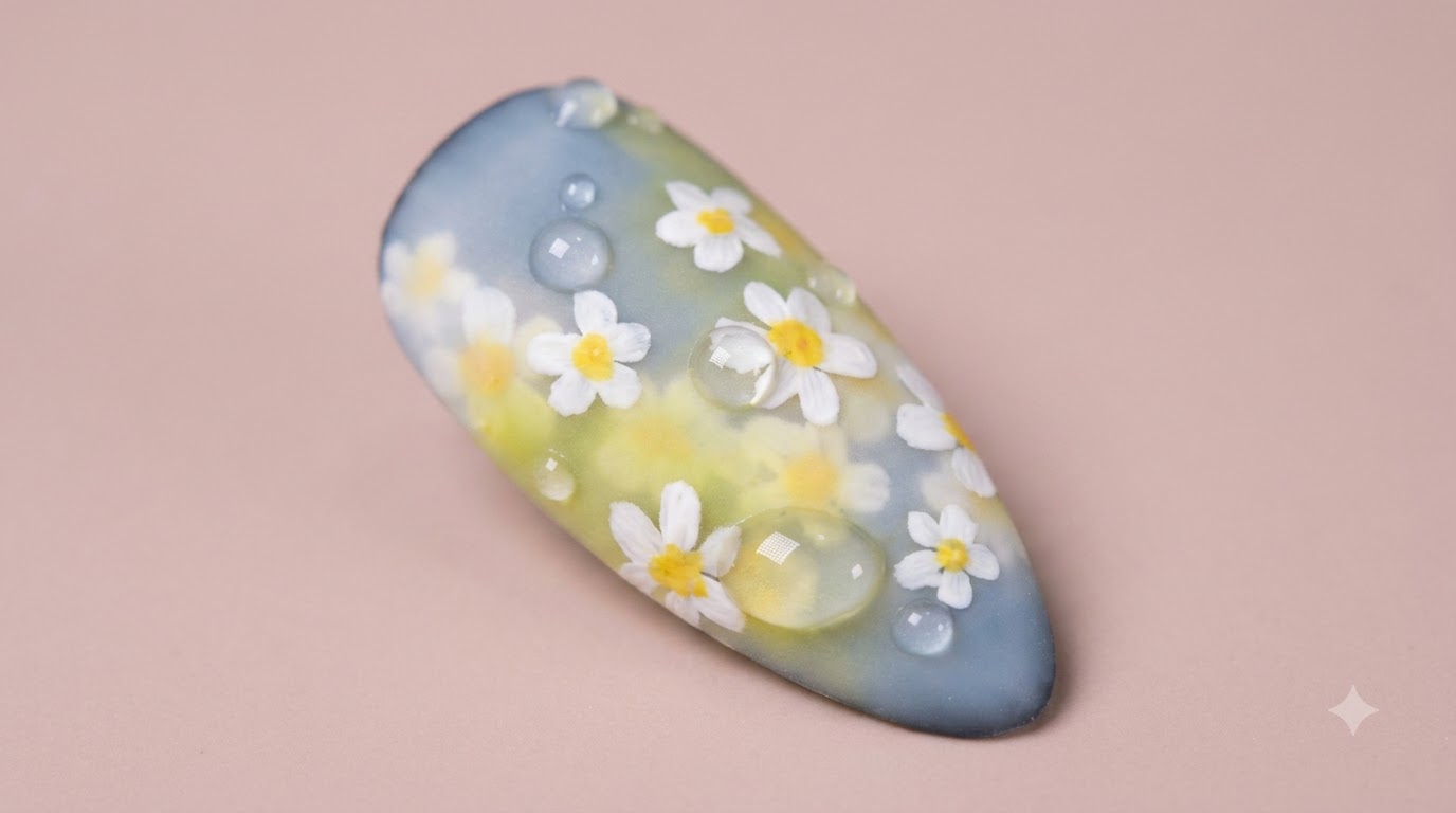 Nail Art Giardino di Margherite — Sfumatura Delicata e Tutorial Gocce d'Acqua 3D