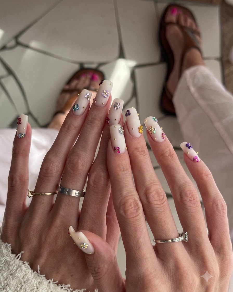 Scatto in primo piano delle dita della mano destra che mostrano i dettagli della nail art floreale multicolore e anelli dargento impilati.