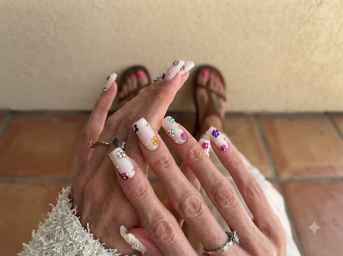 Entrambe le mani tenute insieme che mostrano un set coordinato di unghie bianco latte con gemme floreali sparse.