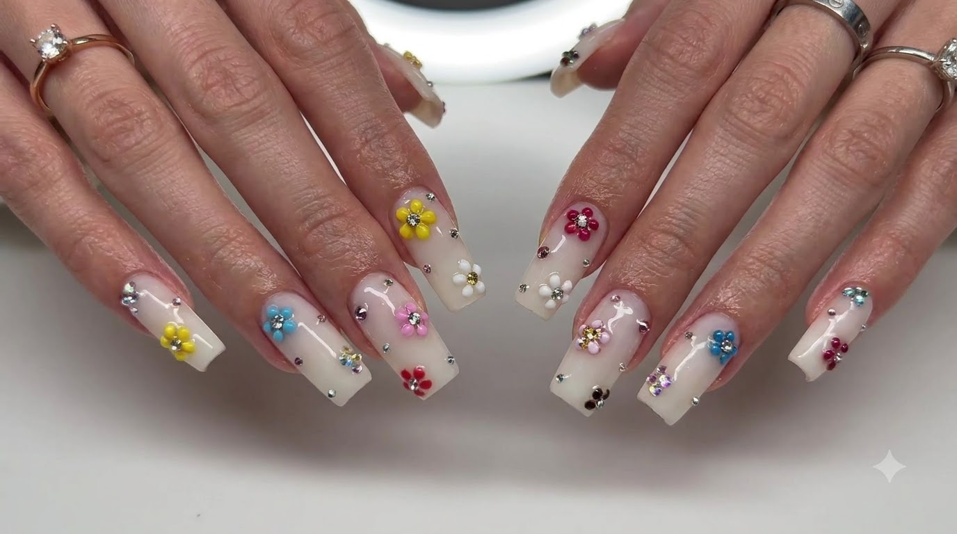 Unghie Press-on Latte e Lattiginose con Margherite 3D Multicolore e Strass — Guida Passo dopo Passo