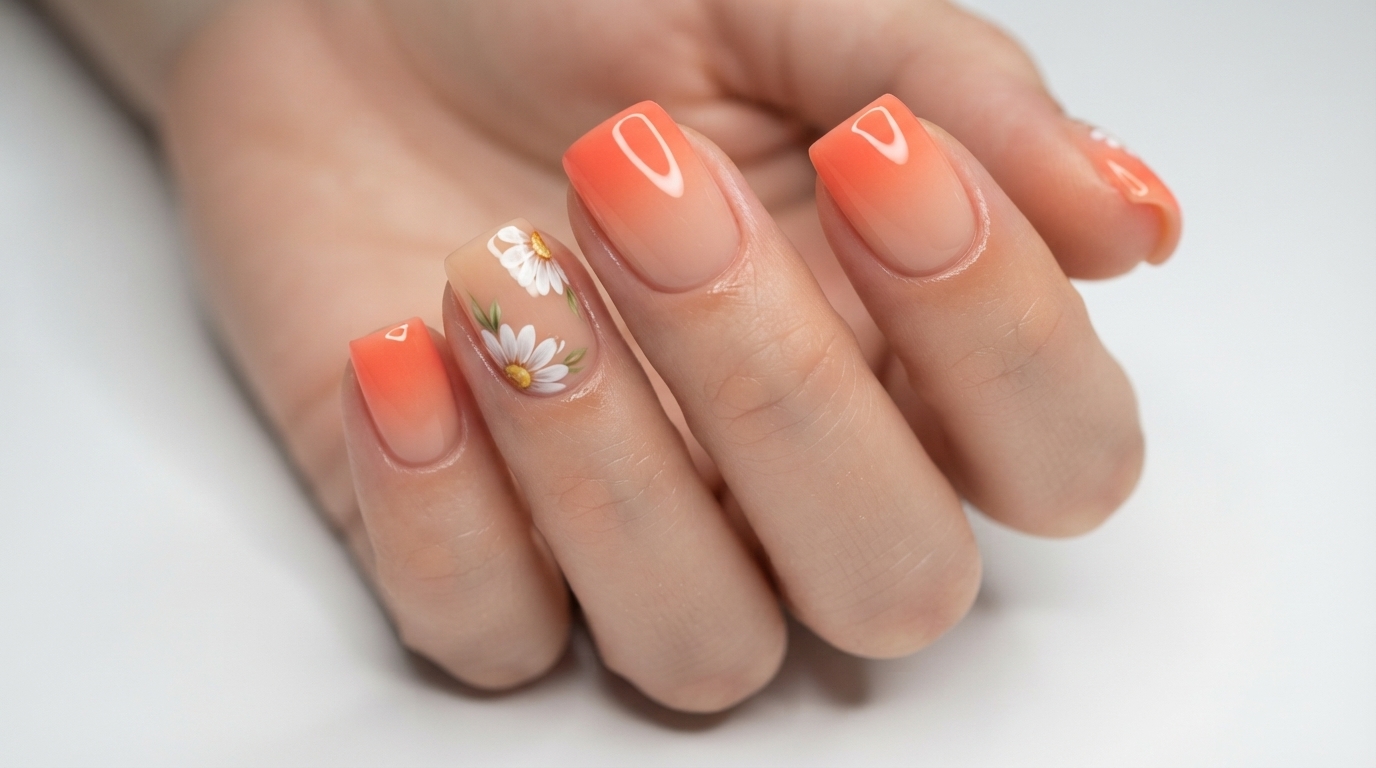 Unghie con Sfumatura bicolore e margherite — Tutorial passo dopo passo