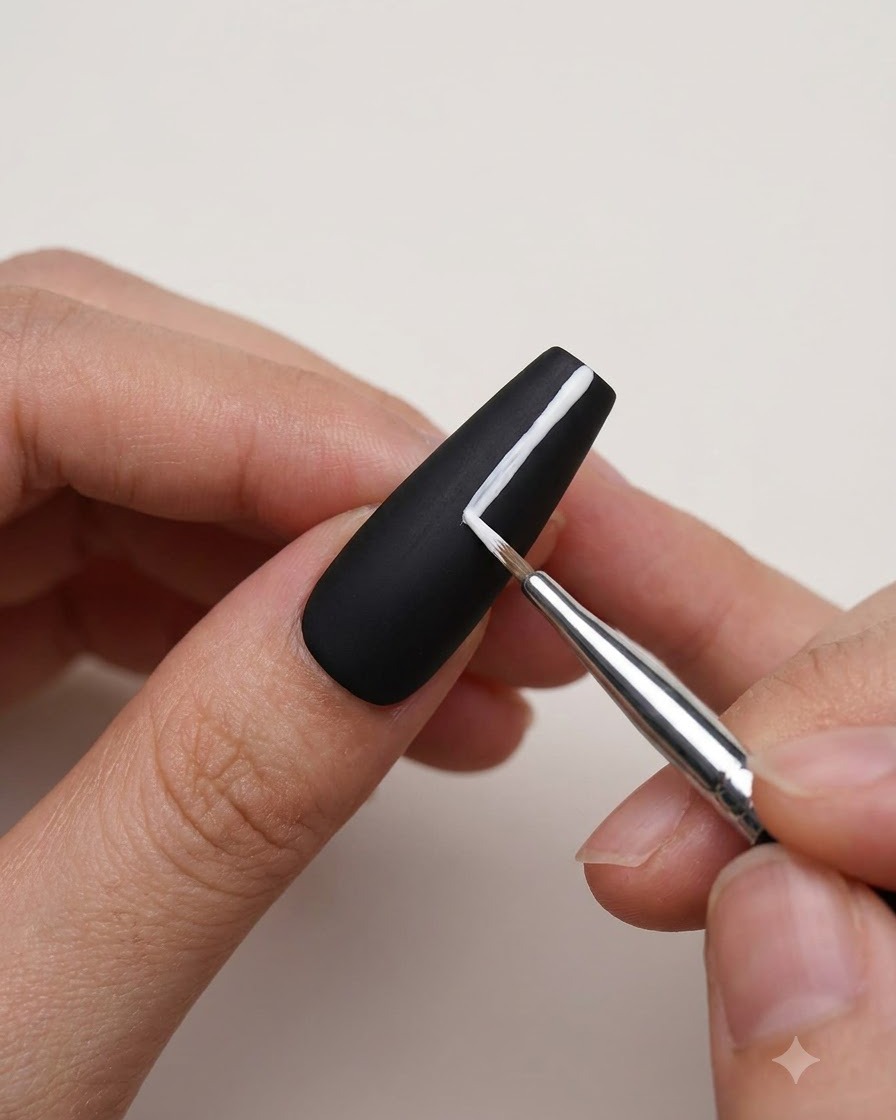 Un pennello fine da dettagli applica il gel bianco per creare linee a tratto dritto su ununghia nero opaco.
