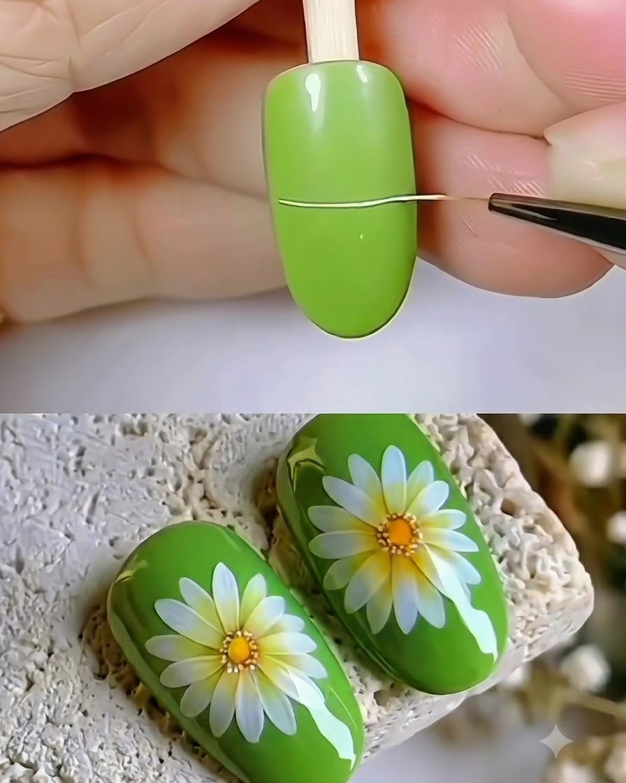 Un pennello liner sottile disegna una linea orizzontale sottile e delicata su ununghia rivestita di gel verde.