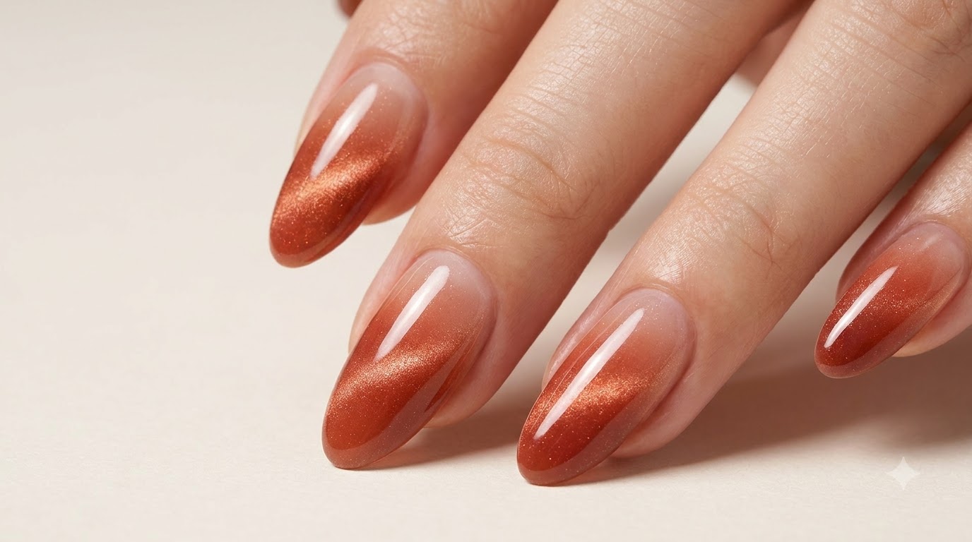 Tutorial per unghie con effetto cat eye sfumato nei toni autunnali e invernali per pelli chiare