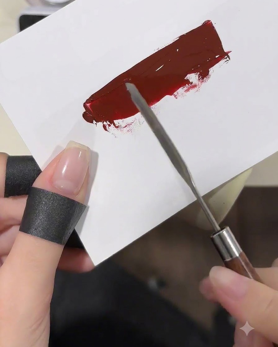 Una spugnetta per il trucco che tampona uno strato uniforme di gel rosso vino su una tavolozza bianca.