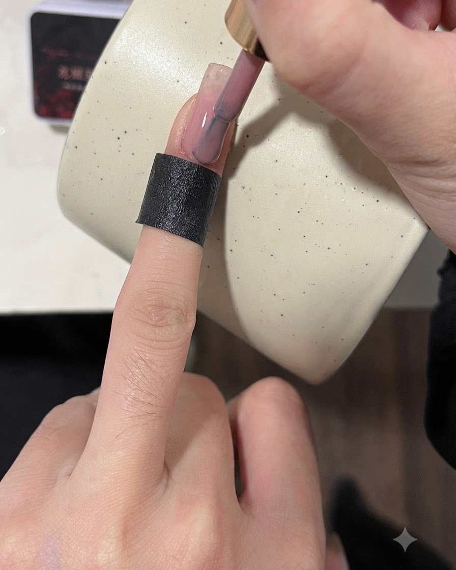 Un pennello che applica una base coat color nude sulla superficie di una piastrina per unghie di prova.