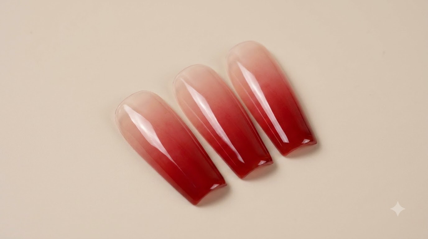 Un primo piano di tre unghie finte lunghe e quadrate che mostrano decorazioni sfumate ombré color rosso sangue.