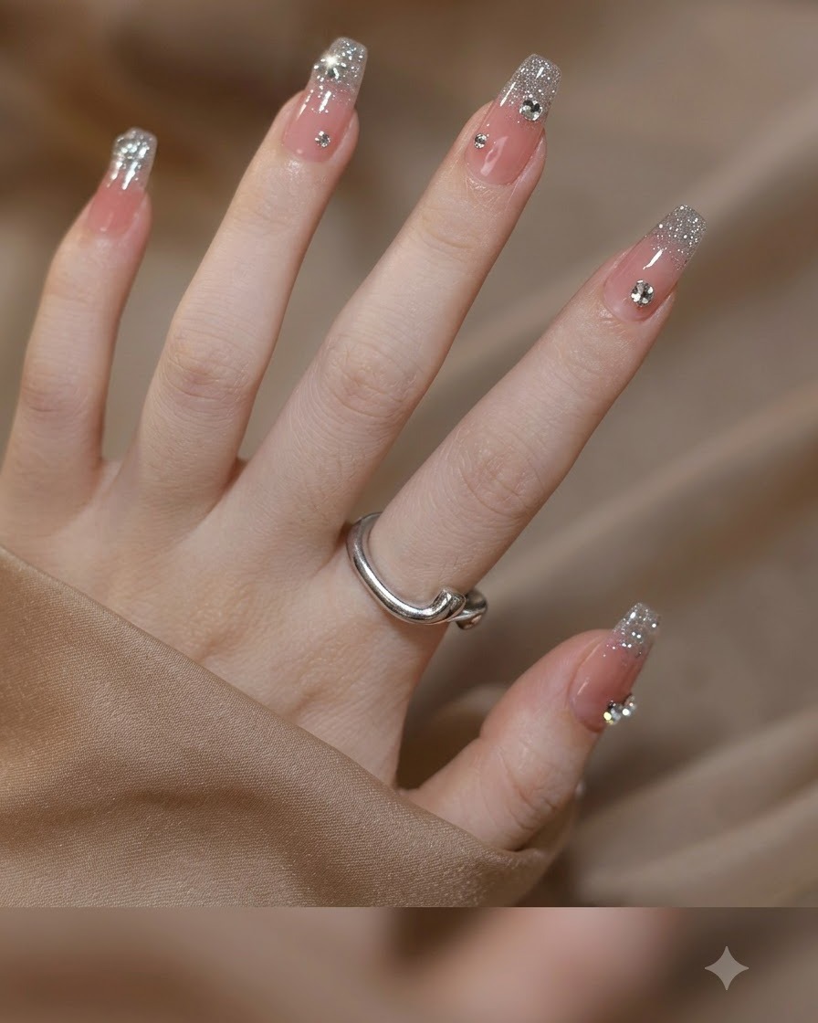 Primo piano di una mano con unghie gel quadrate che mostrano una base nude traslucida e punte in glitter argento fine.
