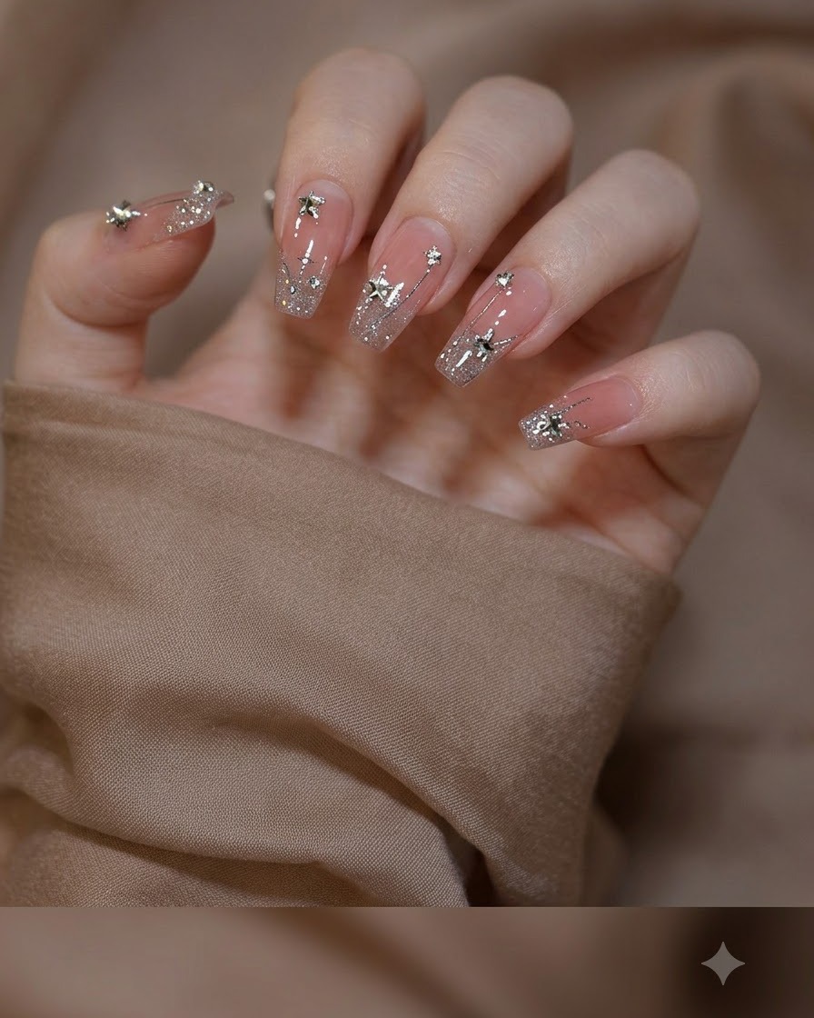 Una vista ravvicinata di unghie decorate con charm a stella argentati sparsi e minuscoli cristalli su un gradient di glitter.
