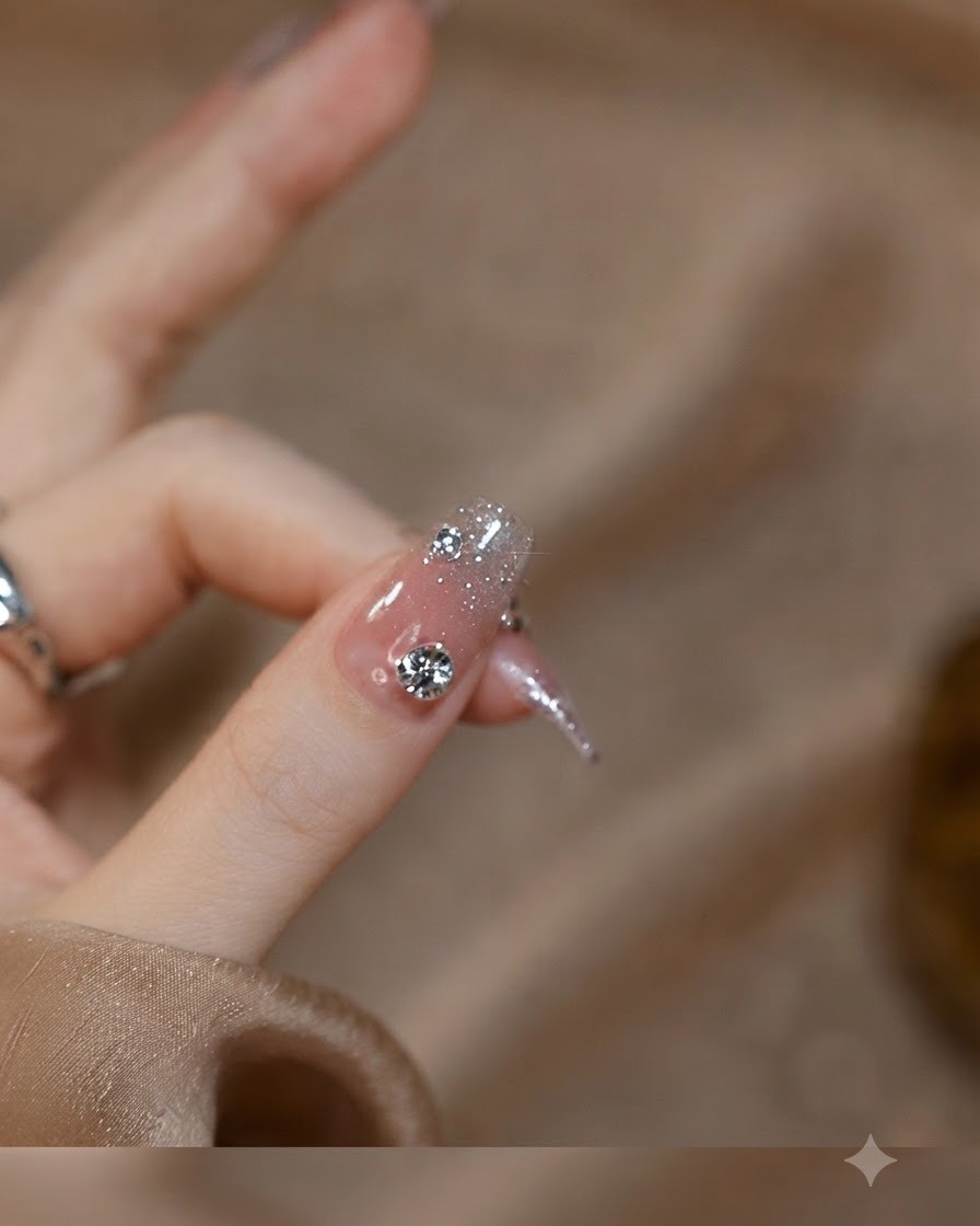 Scatto macro di ununghia del pollice caratterizzata da un grande rhinestone centrale accompagnato da micro-cristalli su una base di glitter gradient.