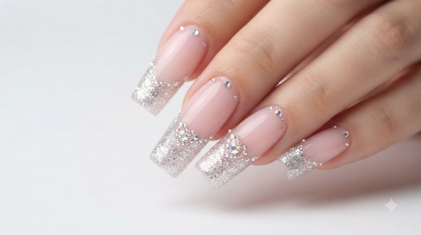 Unghie Gel Blush Gradient Sparkling con Applicazioni di Rhinestone