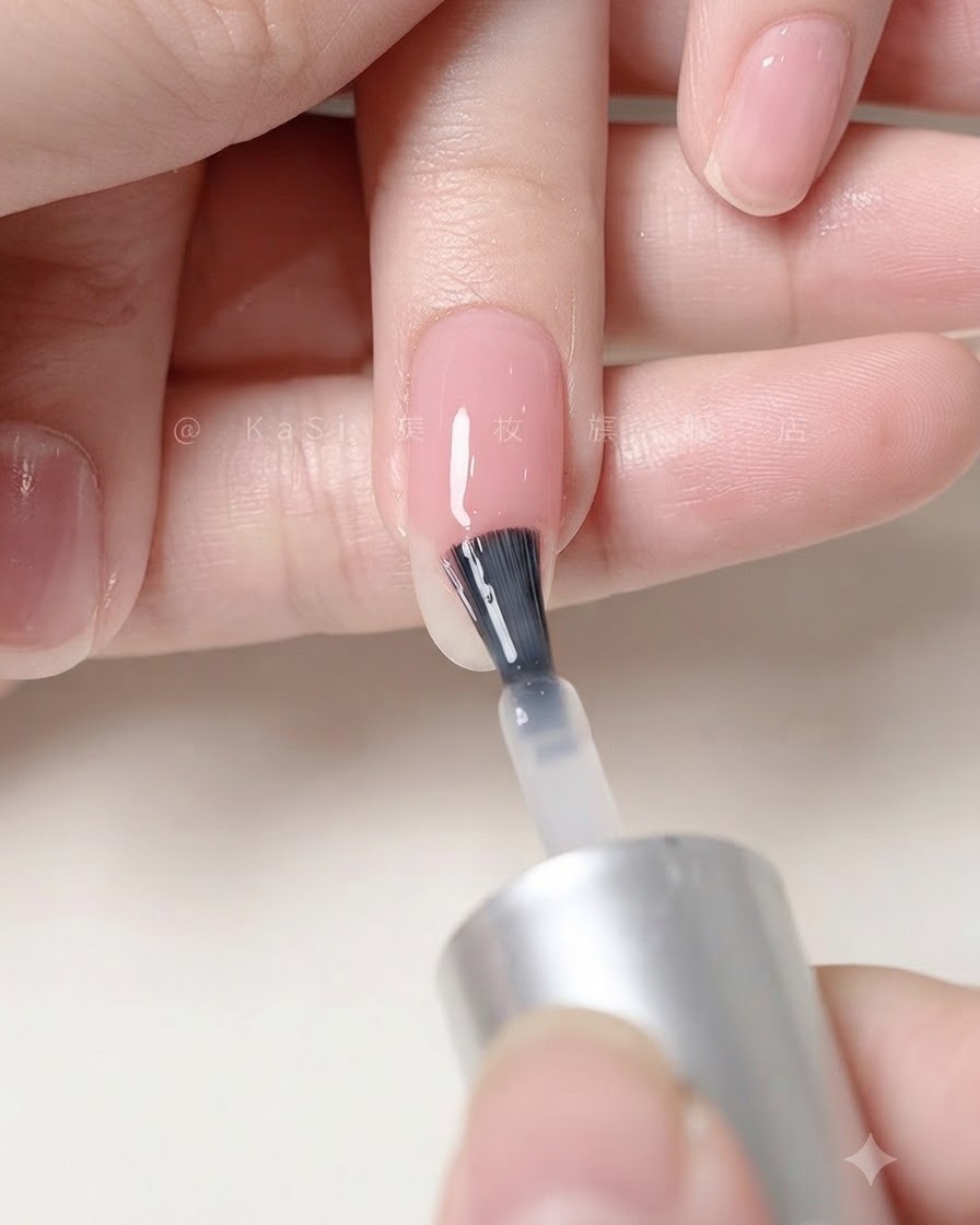 Una mano posizionata sotto una lampada per unghie che polimerizza lo strato di top coat opaco applicato.