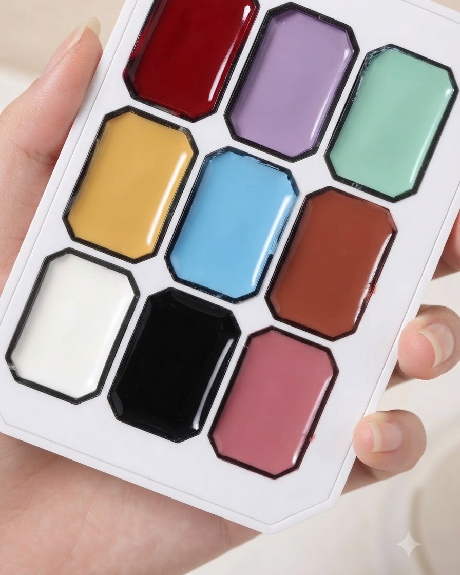 Primo piano di una tavolozza di pigmenti multicolore con un pennello sottile che si intinge nei blocchi di colore.