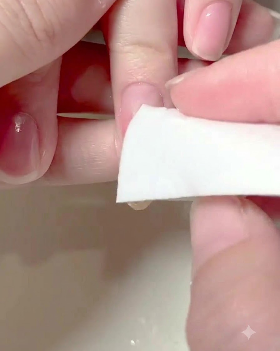 Una spugnetta pulita che tampona le linee gialle dipinte sulla punta dellunghia per creare un effetto ombré.