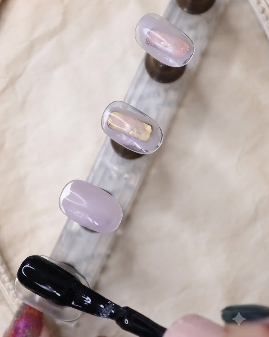 Un pennello da gel nero applica una mano liscia su ununghia nera posizionata su un supporto da esposizione.