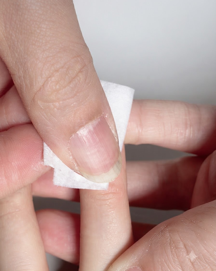Un pad antipelucchio pulisce la superficie di ununghia polimerizzata.