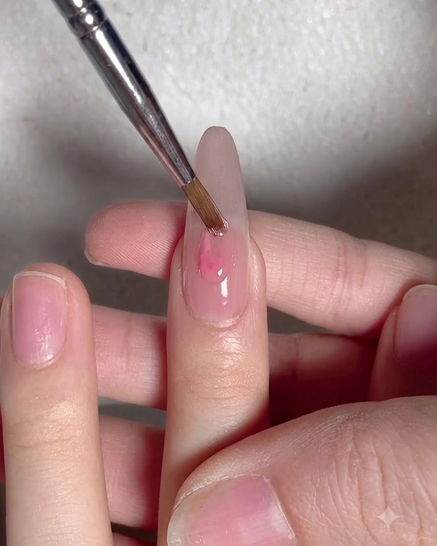 Un pennello fine da decorazione applica una goccia di gel colorato rosa al centro dellunghia.