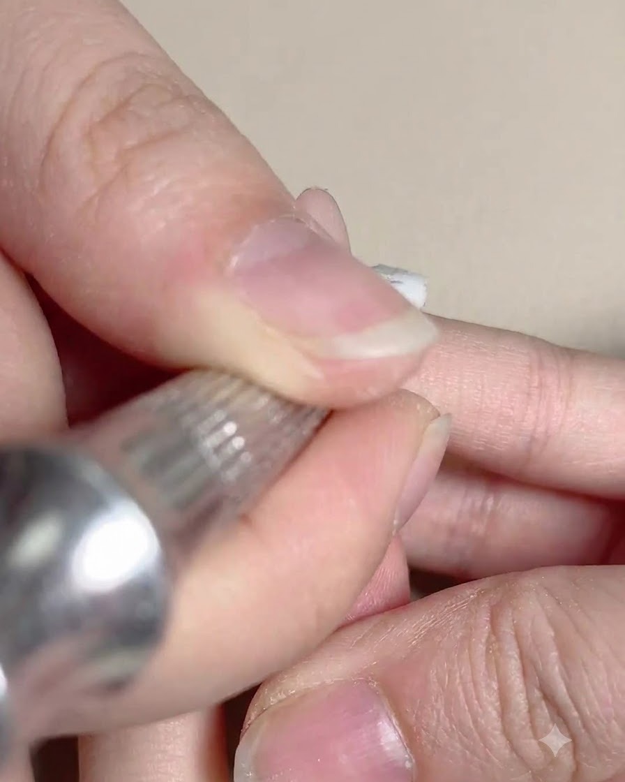 Un piccolo applicatore a spugnetta tampona il gel rosa su ununghia per creare un effetto sfumato.