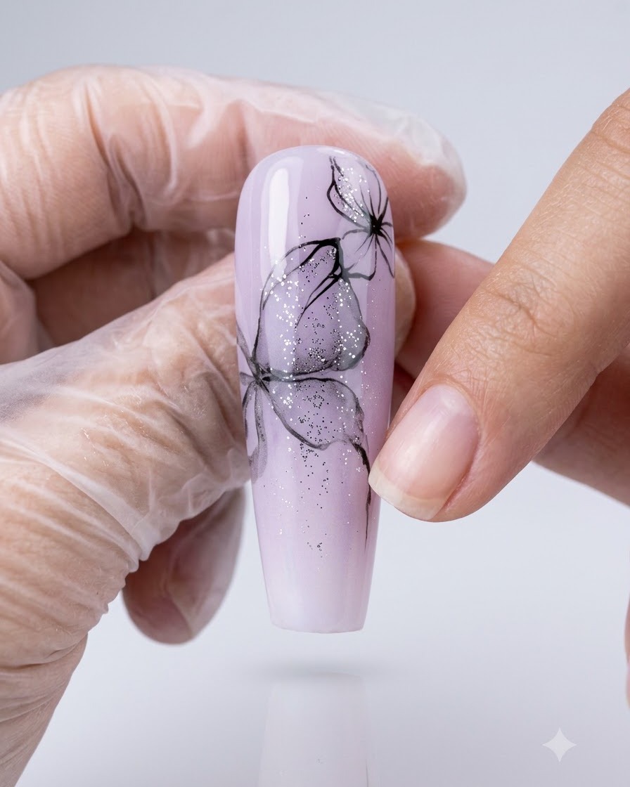 Una mano guantata che tiene una tip ombrè viola decorata con sottili linee nere di ali di farfalla e glitter.