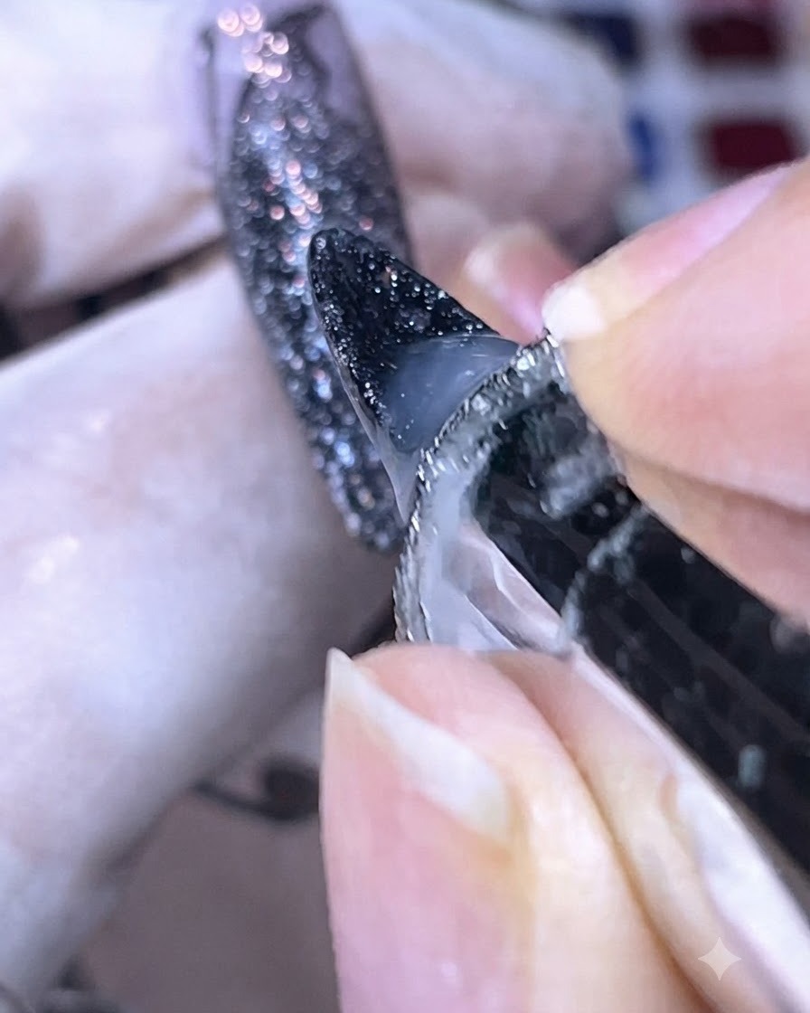 Una vista ravvicinata della base o colla per unghie applicata attorno ai bordi di una tip scura e scintillante.