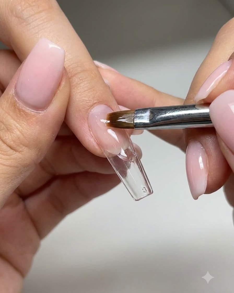 Un pennello per unghie che applica del gel bianco per dipingere onde fluide simili a nastri su una tip di prova trasparente.